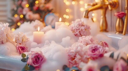 Romantic Bubble Bath with Flowers and Candles