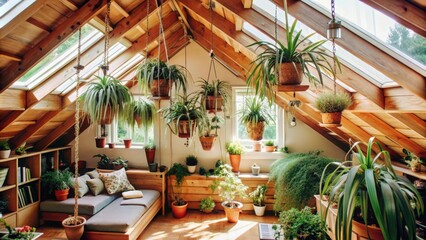 Obraz premium Sunlit Attic Room with Greenery and Skylights