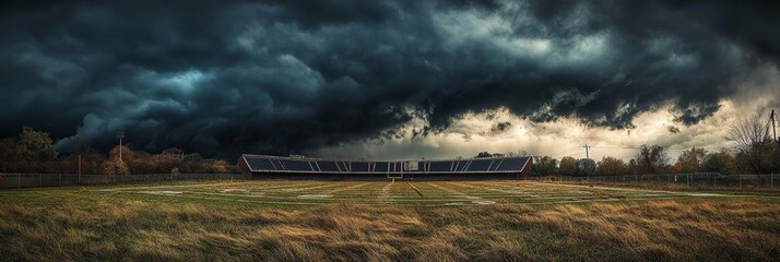 A dramatic scene of dark, stormy clouds looming over an abandoned American football stadium, conveying themes of  tranquility, solitude, the passing of time, and the contrast between nature's power an