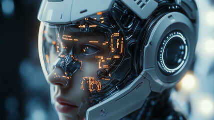 Fototapeta premium Sensor technology in cyborg enhancements, visualizing the integration of sensory feedback in advanced cyborg systems