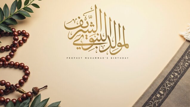 Mawlid al Nabi Islamic greeting card, banner with Arabic Calligraphy for Prophet Muhammad&rsquo;s Birthday with copy space for text.