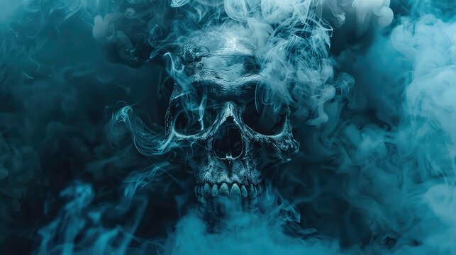 A human skull shrouded in smoke against a dark background.
