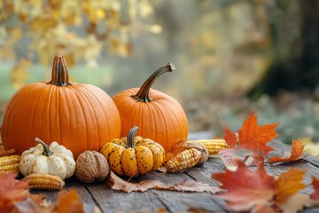 Happy Thanksgiving day. Fresh pumpkins, corn, walnuts and fallen leaves on wooden table outdoors with generative ai