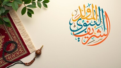 Mawlid al Nabi Islamic greeting card, banner with Arabic Calligraphy for Prophet Muhammad’s Birthday with copy space for text.