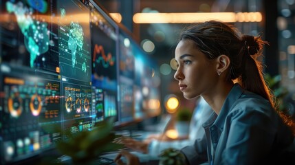 Naklejka premium Young Woman Analyst Studying Global Data on Multiple Monitors