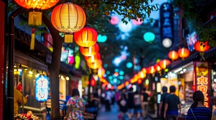 Chinese Lanterns Illuminate a Bustling Night Market