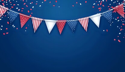 American Flag Bunting with Confetti on Blue Background - Patriotic Celebration