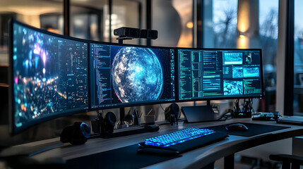 Curved Screen Setup with Planet Earth on a Monitor, Digital Workspace