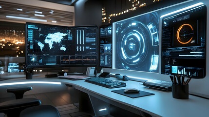 Futuristic Computer Desk with Multiple Monitors and Blue Glowing Lights - 3D Illustration