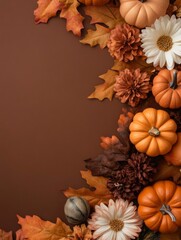 Fototapeta premium Happy Thanksgiving day concept. Vertical banner design with pumpkins, flowers, autumn decor on brown background. Flat lay, top view, copy space with generative ai