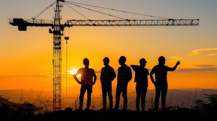 Construction Workers Silhouettes at Sunset