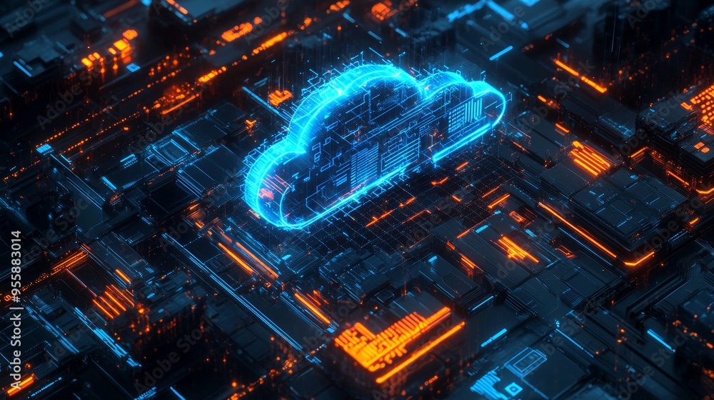 Poster a futuristic depiction of a cloud computing concept within a cyberpunk setting, symbolizing data sto