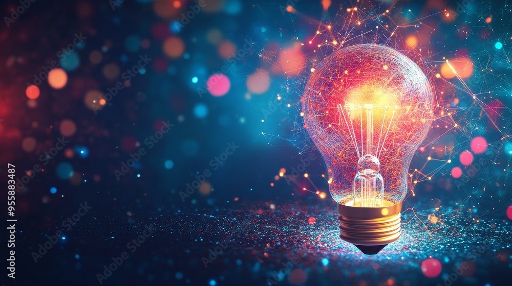 Poster a glowing light bulb with a network of interconnected lines symbolizes innovation, creativity, and t