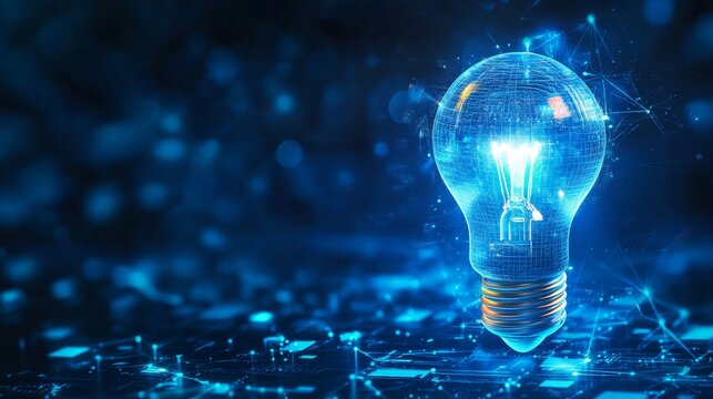 A glowing light bulb made of digital circuitry symbolizes innovation, creativity, problem-solving, and progress. The blue and dark background depicts a futuristic technology landscape.