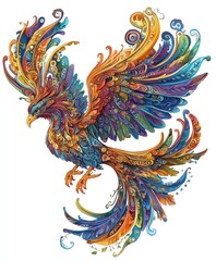 A colorful and intricately designed phoenix with vibrant feathers and swirling patterns.