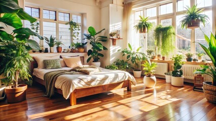 Fototapeta premium A Bright Bedroom with Large Windows and Abundant Plants