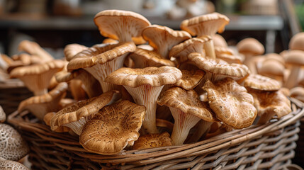 Fototapeta premium Fresh reishi mushrooms piled in wicker basket for culinary use.