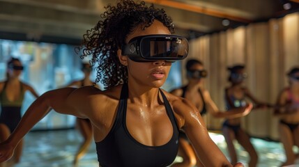 Naklejka premium VR Fitness Class, Women Working Out with Virtual Reality Headsets