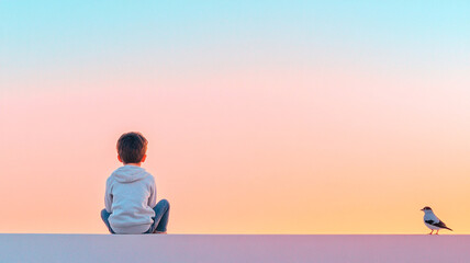 A child and bird are peacefully watching sunset, surrounded by beautiful pastel gradient sky.