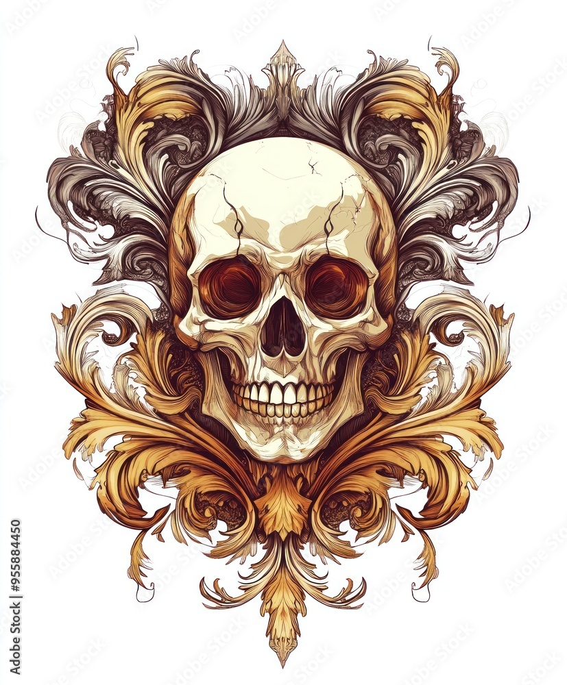 Sticker A decorative skull design surrounded by ornate floral patterns.