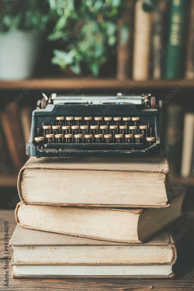 Poster vintage typewriter on stack of books with blurred bookshelf background