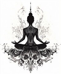 A silhouette of a meditating figure surrounded by ornate patterns and floral designs.