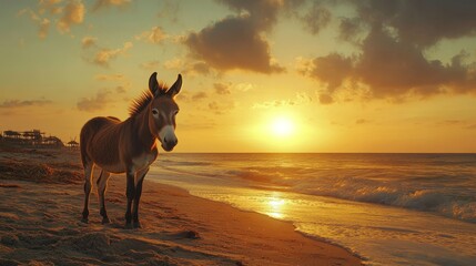 A lone donkey stands on a sandy beach, gazing out at a stunning sunset. The warm colors of the sky reflect in the ocean, creating a peaceful and serene atmosphere. The donkey symbolizes resilience, si
