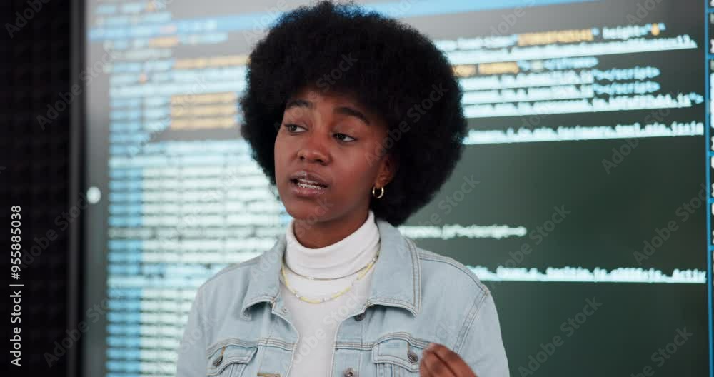 Poster Coaching, coding and presentation with black woman in office of web development company for workshop. Display, software and speech with programming professional in creative workplace for seminar