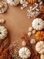 Happy Thanksgiving day concept. Vertical banner design with pumpkins, flowers, autumn decor on brown background. Flat lay, top view, copy space with generative ai