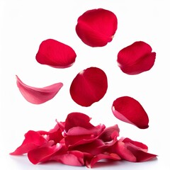 Red rose petals falling isolated on white background. Studio shot.