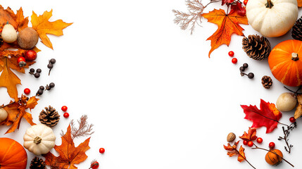 Happy thanksgiving day, harvest concept. Flat lay of Autumn holiday background from pumpkins, colorful dried leaves, maple leaves, and fall decorations. Copyspace for text