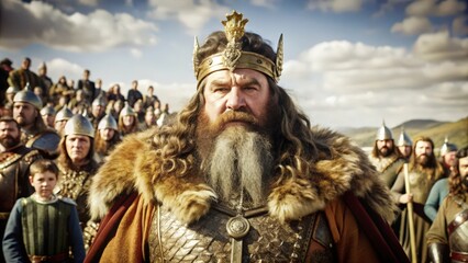 Fototapeta premium King with Golden Crown and Fur Collar Leading his Army