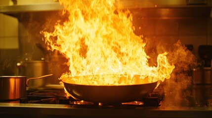 Flames Erupting From Wok On Stovetop In Restaurant Kitchen