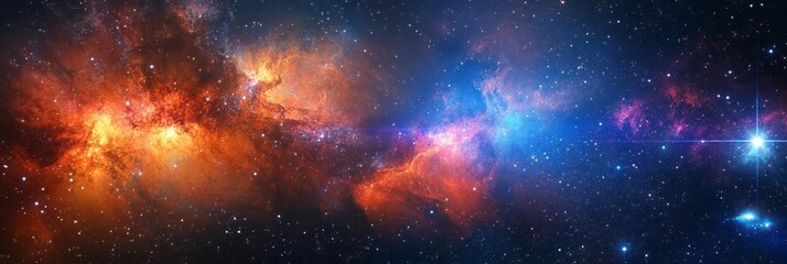 A mesmerizing celestial panorama featuring a vibrant nebula with a blend of red, orange, blue, and purple hues, representing creation, transformation, power, and the vastness of space.