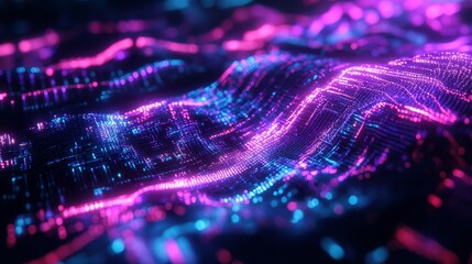 A mesmerizing digital wave composed of glowing blue and pink particles, representing the flow of data, connectivity, and technological advancements.