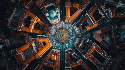 Naklejka premium Aerial View of a City Intersection with a Colorful Mosaic in the Center
