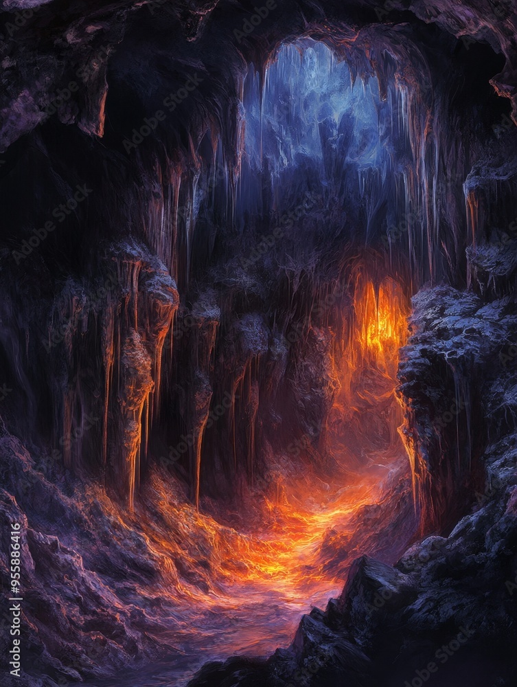 Poster a mesmerizing view of a cave with intricate formations, illuminated by a glowing river of lava. the 