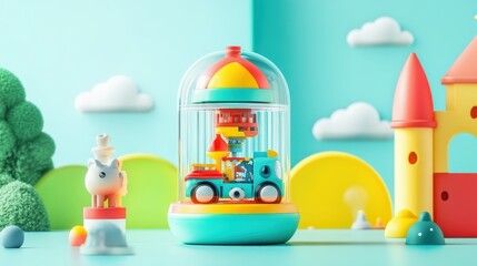 Fototapeta premium A whimsical toy carnival scene features playful colors, a transparent dome, and cheerful characters set against a bright backdrop