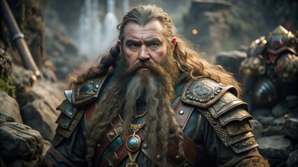 Obraz premium A Bearded Man in Armor Looking Directly at the Viewer
