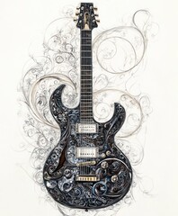 An intricately designed electric guitar surrounded by decorative swirls.