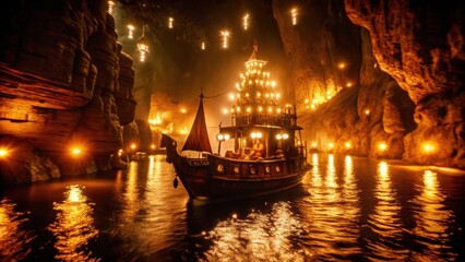 Illuminated Boat Navigating Through a Cave Lit by Lights