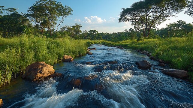 Serene river flowing through lush green forest with rocks and a clear sky above - Powered by Adobe