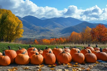 Image about Thanksgiving Day with a predominance of pumpkins and other elements that represent this celebration with mountains in the background with generative ai
