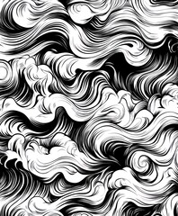 Fototapeta premium Abstract black and white swirling patterns resembling waves or clouds.