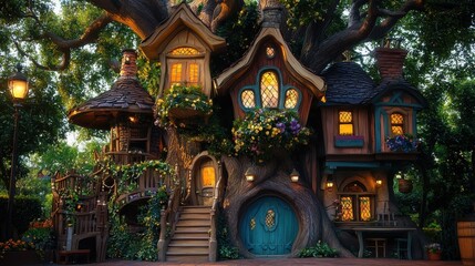 Fototapeta premium Enchanting Treehouse with Blue Door and Windows