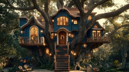 Fototapeta premium Enchanting Treehouse Home with Glowing Windows and Wooden Stairs
