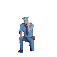 3D Illustration of Cartoon Cop. A male policeman kneeling with his left hand holding ht. City Law Enforcer