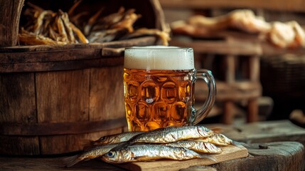 Beer mug and dried fish in rustic cafe. Beer and fish background