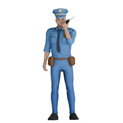 Male Cartoon Police Character. A male policeman standing with his left hand holding ht. 3D Law Style