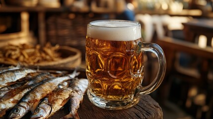 Beer mug and dried fish in rustic cafe. Beer and fish background